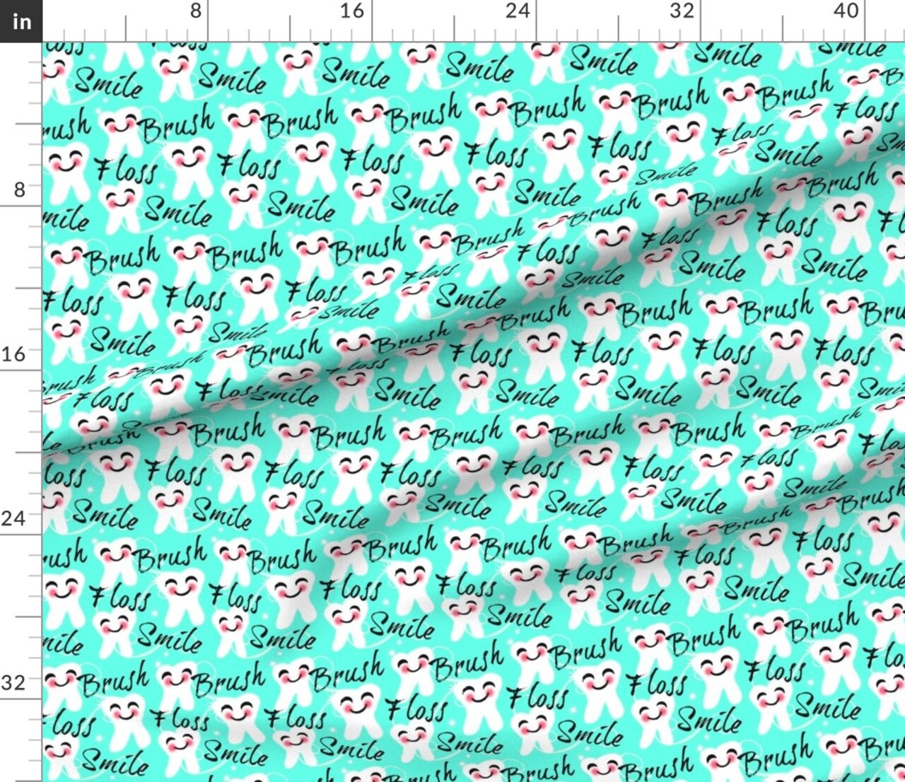 Brush Floss Smile Dental Retro Blue Kawaii Tooth Teeth Toothbrush Dentist Health Scrubs Aqua Custom Printed Fabric by Spoonflower Various Fabrics by the Yard or Fat Quarter